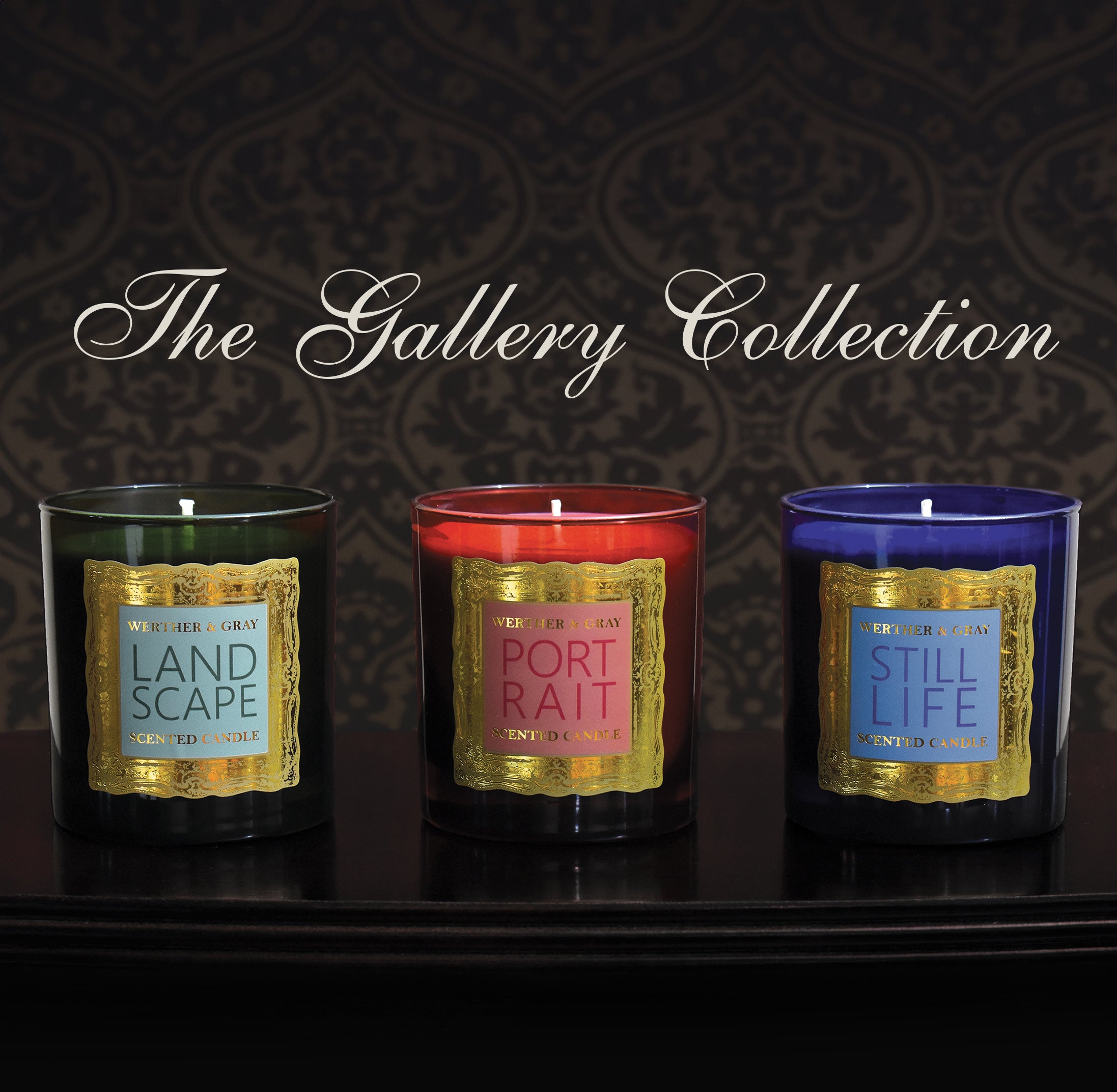 The Gallery Collection, three scented candles: Landscape, Portrait, and Still Life