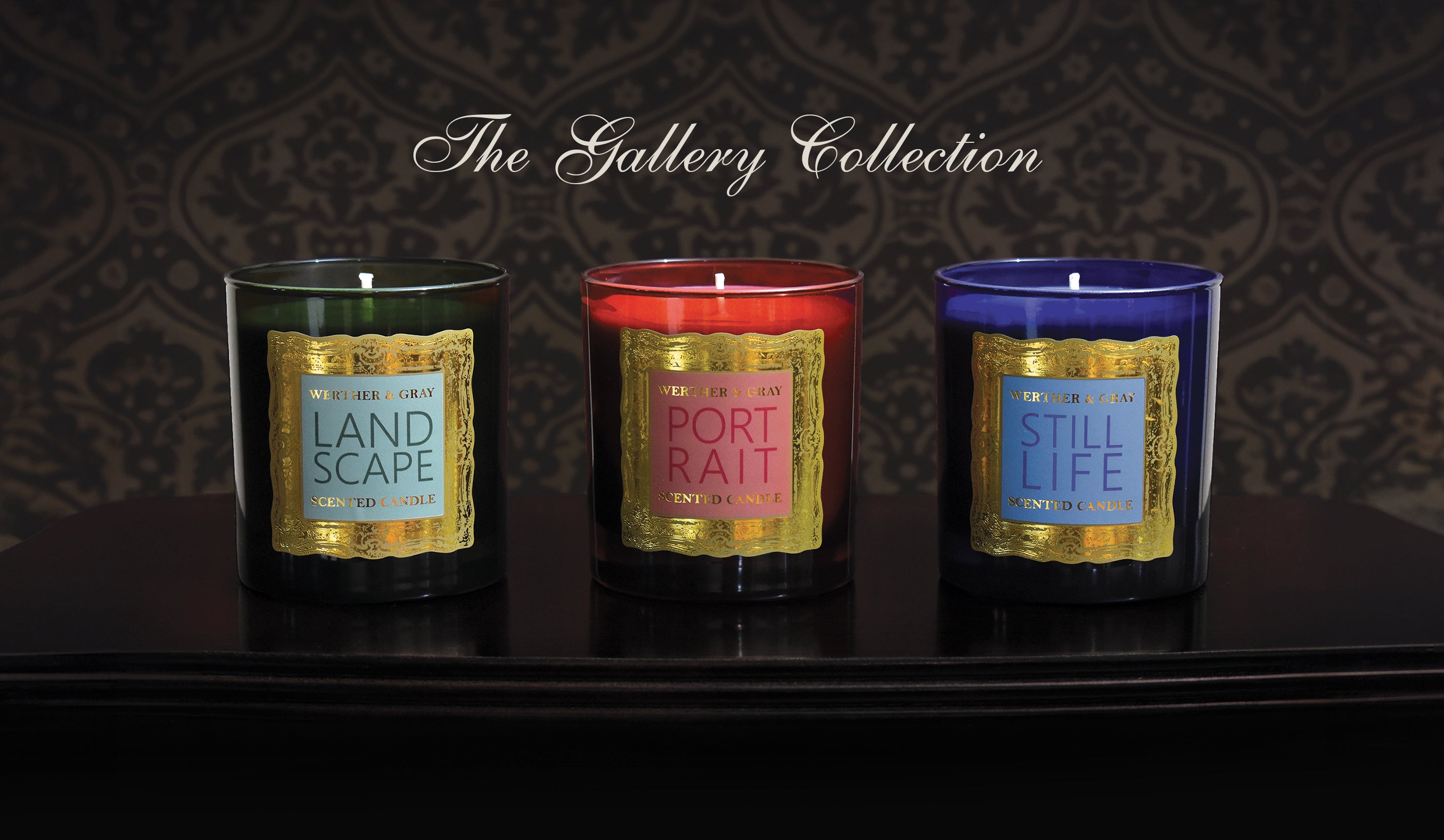 The Gallery Collection, three scented candles: Landscape, Portrait, and Still Life
